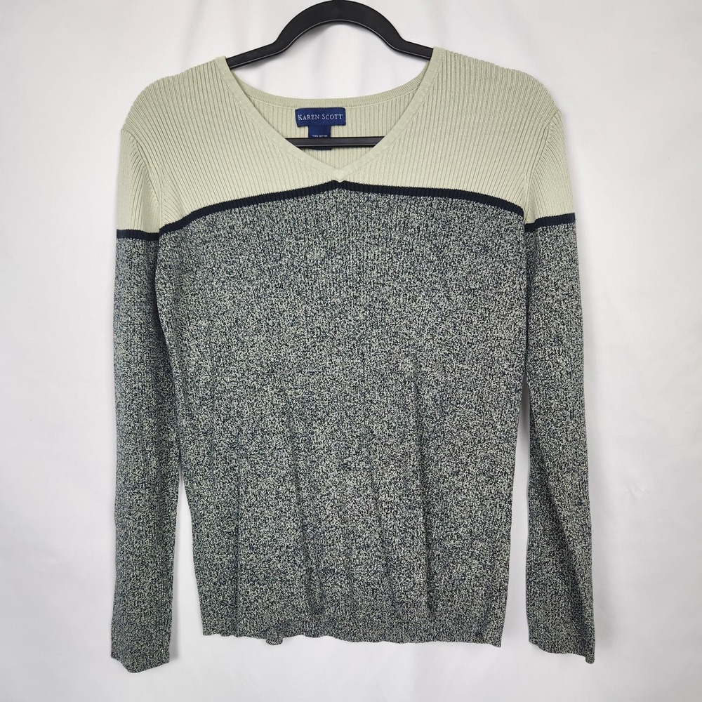 Karen Scott Knit Sweater Womens Size M‎ Tan Gray V-Neck Long Sleeve Ribbed